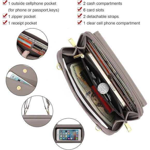 Small Crossbody Wallet for Women Leather with Card Slots and Phone Window - Picture 3 of 7